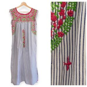 Mi Golondrina Flores Midi Dress Blue Stripe Pink Green Embroidery Small